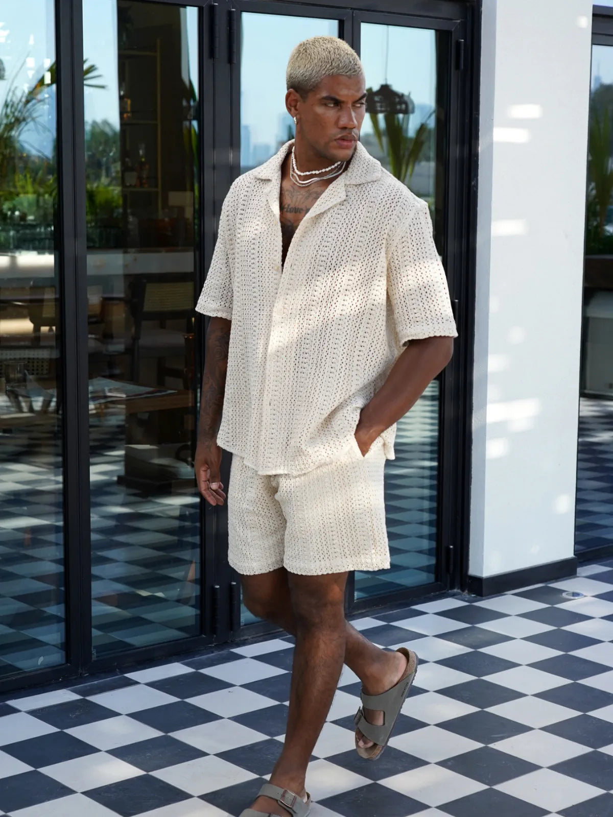 Beige Palm Set — Shirt & Shorts